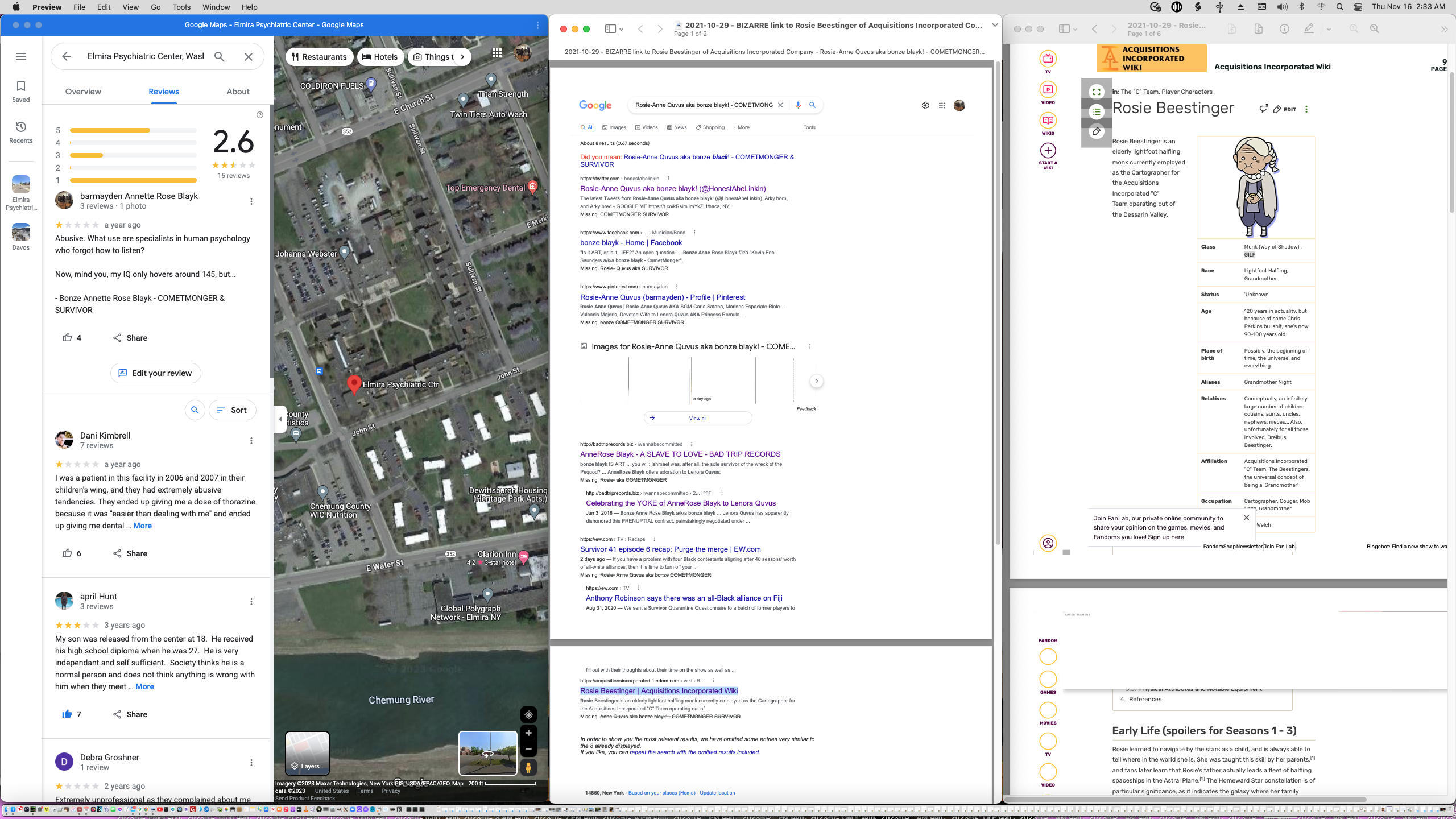 ./ROSIE BEESTINGER - 2021-10-29 - COMPOSITE - Google Maps REVIEWS - Elmira Psychiatric Center - Search - 'Rosie-Anne Quvus aka bonze blayk, COMETMONGER & SURVIVOR' - Rosie Beestinger.png